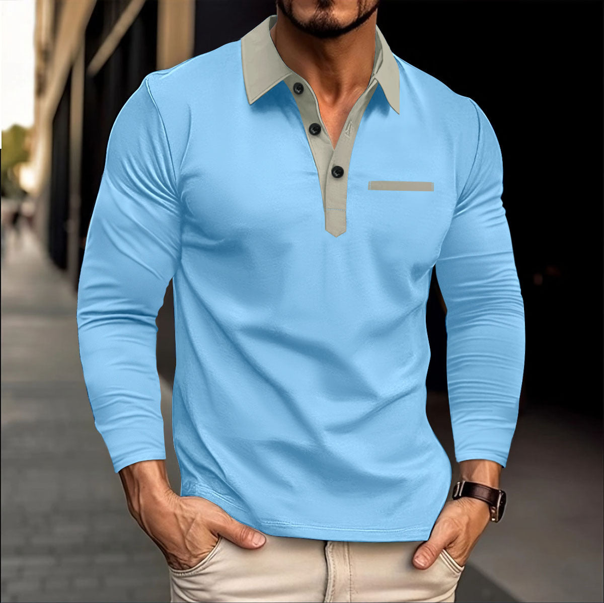 Herren Poloshirt Langarm Moderner Kragen Slim Fit