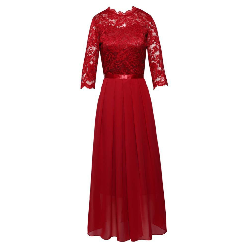 Elegantes Maxikleid Damen Langärmlig Spitze Chiffon Abendkleid