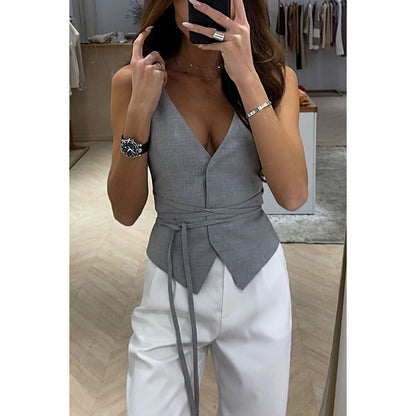 Ärmelloses Damen Top Taillenbindung Schwarz
