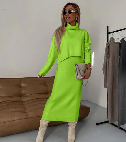 Damen Strick Zweiteiler Rollkragen Pullover und Midi Kleid