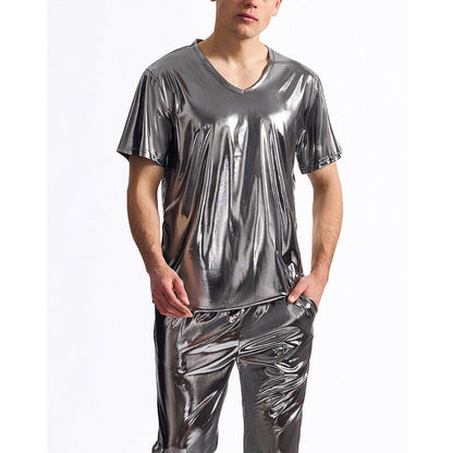 Herren T-Shirt V-Ausschnitt Glänzend Modern Hochwertig