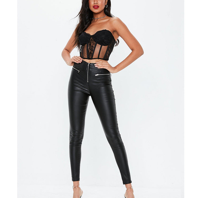 Damen Leggings Lederoptik Stretch mit Reißverschluss - BerlinGlamour