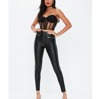 Damen Leggings Lederoptik Stretch mit Reißverschluss - BerlinGlamour