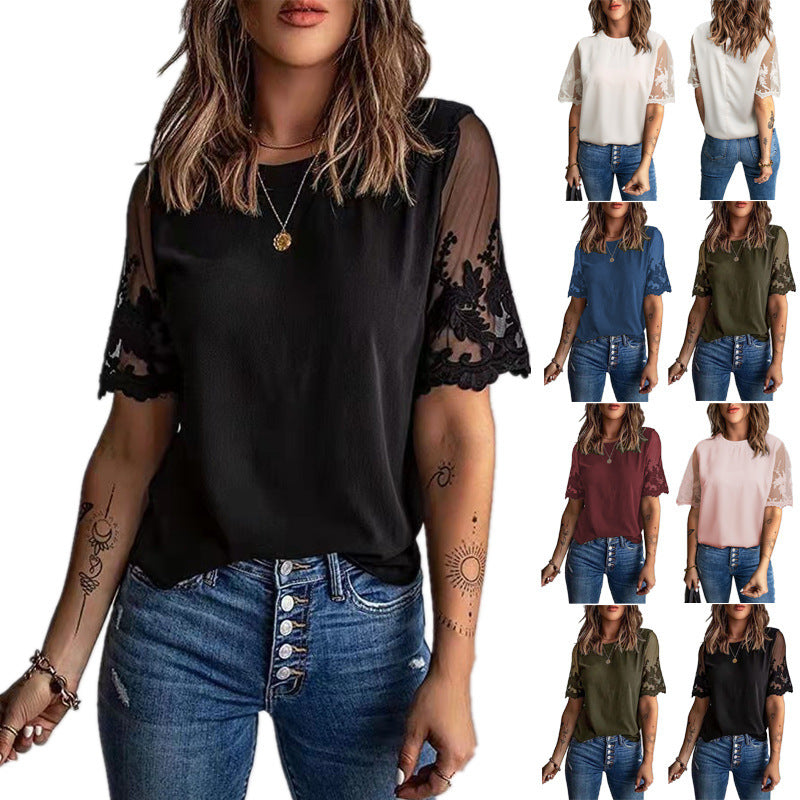 Damen T-Shirt Spitze Ärmel Elegantes Oberteil Modern - BerlinGlamour