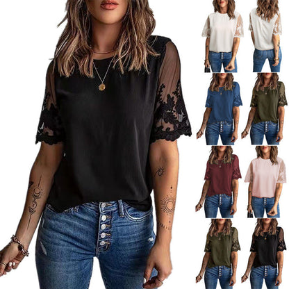 Damen T-Shirt Spitze Ärmel Elegantes Oberteil Modern - BerlinGlamour