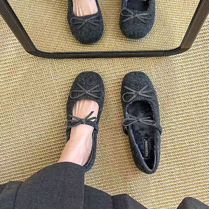 Damen Ballerinas Flauschig mit Schleifchen Weich