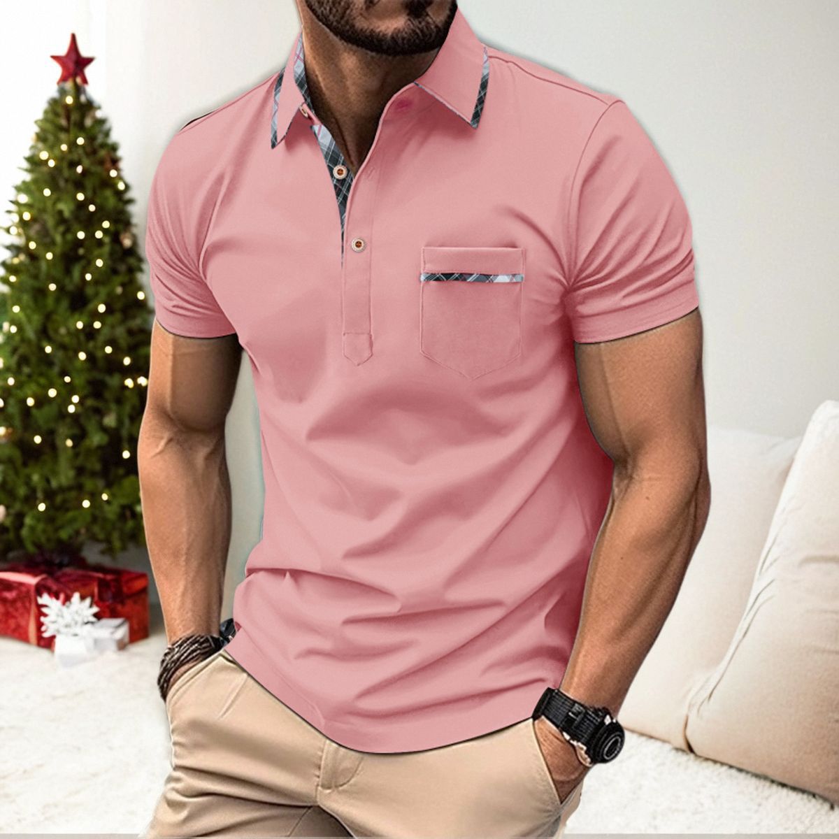 Herren Kurzarmhemd Modern mit Brusttasche und V-Ausschnitt