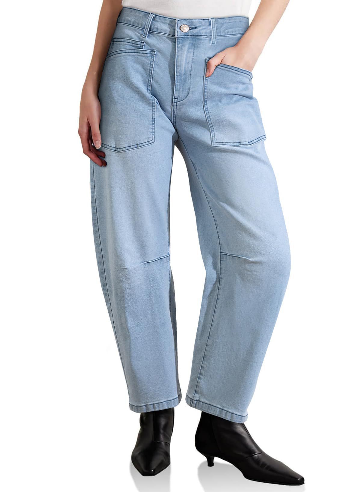 Damen Hohe Bund Jeans Hose mit Taschen