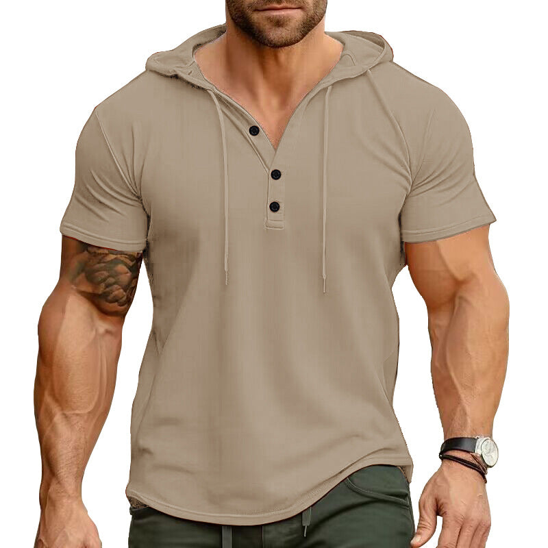 Herren Kapuzenhemd Kurzarm Modern Henley Ausschnitt