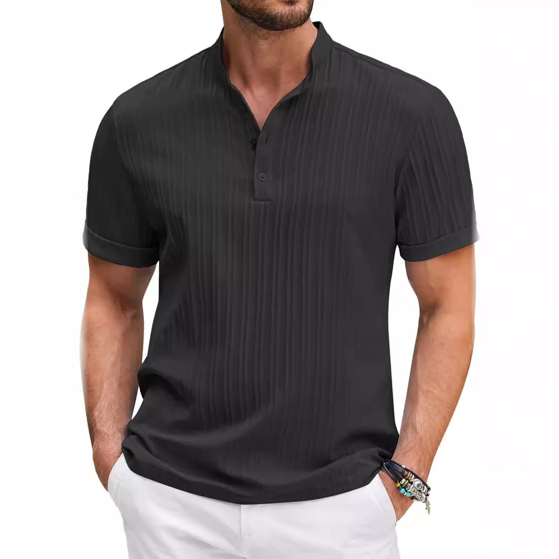 Herren Kurzarm Henley-Shirt Modern Struktur Optik
