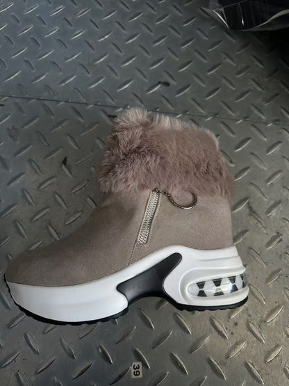 Damen Stiefel Sneaker mit Weichem Fellkragen Trendy Reißverschluss