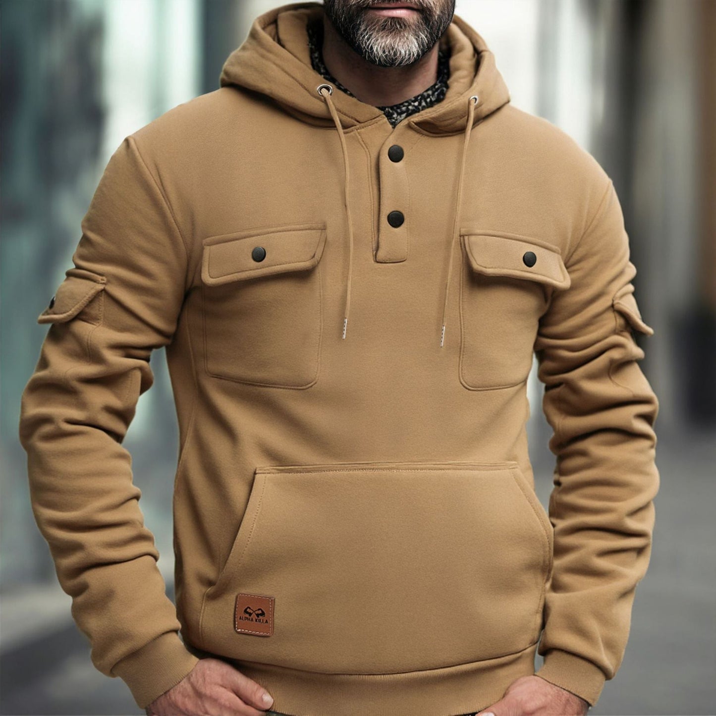 Herren Fleece Hoodie Warm mit Brusttasche Modern