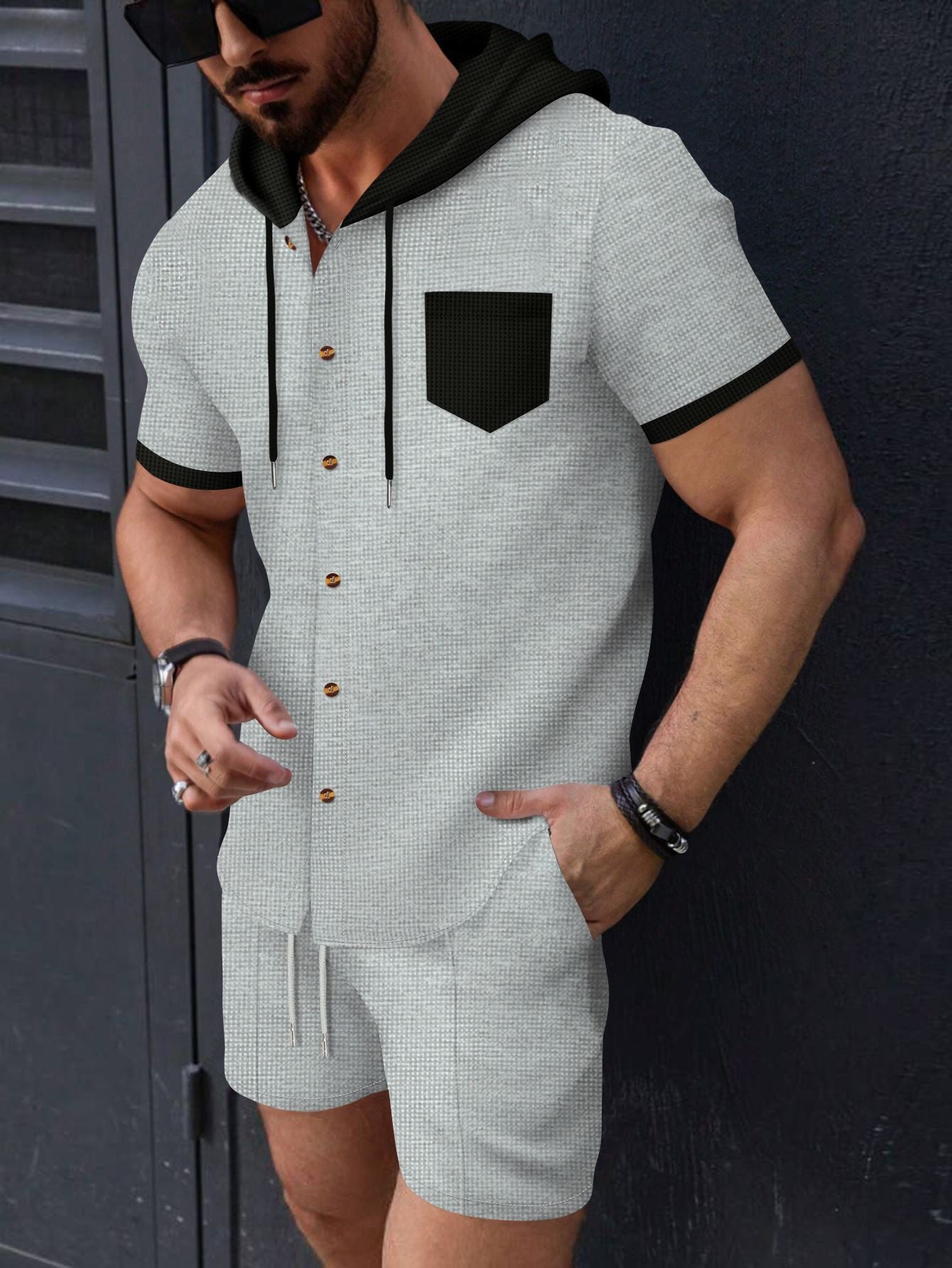 Herren Kurzarm-Hemd mit Shorts und Kapuze Sommer