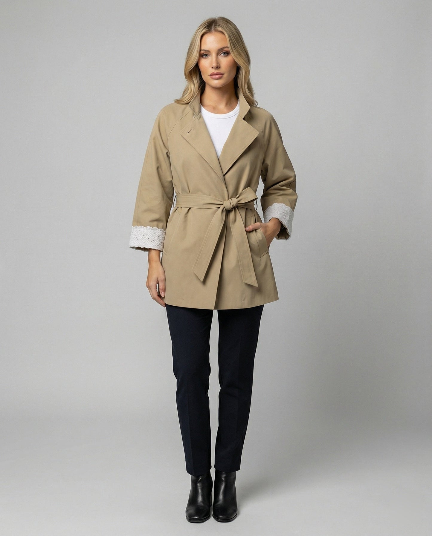 Frauen Trenchcoat Tailliert Spitze Stehkragen Modern