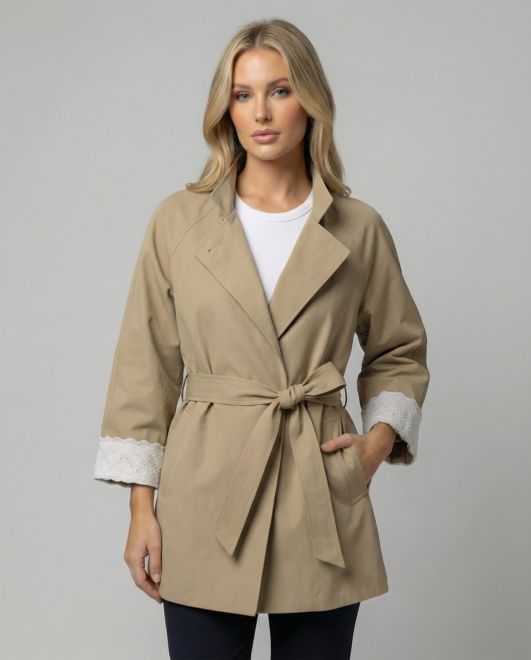 Frauen Trenchcoat Tailliert Spitze Stehkragen Modern - BerlinGlamour