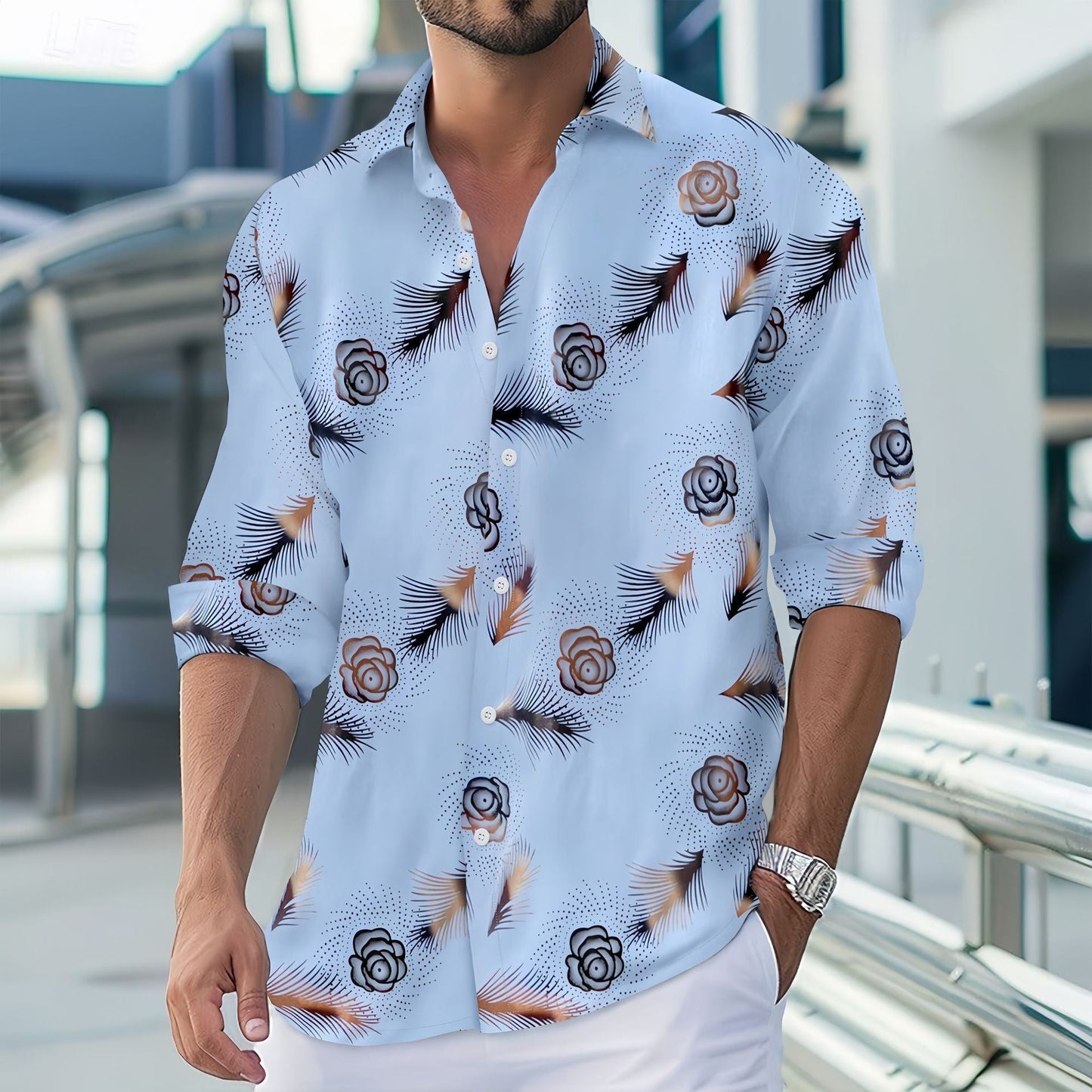 Herren Langarmshirt Blumenmuster Atmungsaktiv Modern
