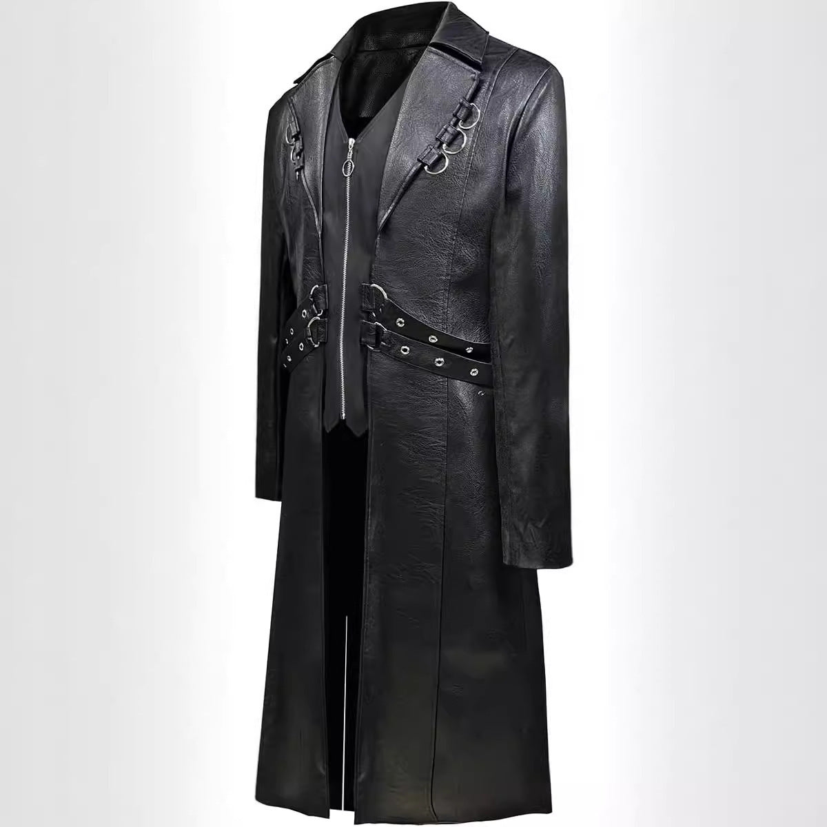 Herren Lederjacke Asymmetrisch mit Metallschnallen Modern Schwarz