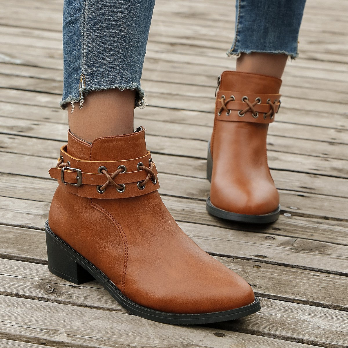 Damen Stiefeletten Schnür-Detail Modisch Schwarz