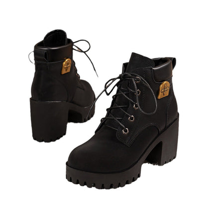 Damen Stiefeletten Schnürung Hoch Hacken Elegante Mode