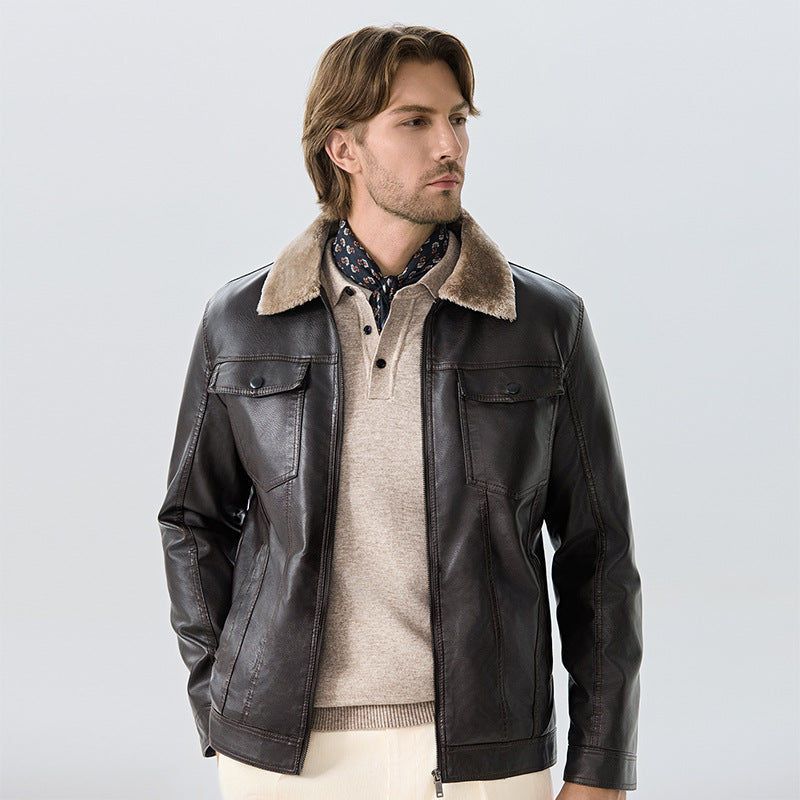 Herren Lederjacke Elegante Fleece Kragen Schwarz