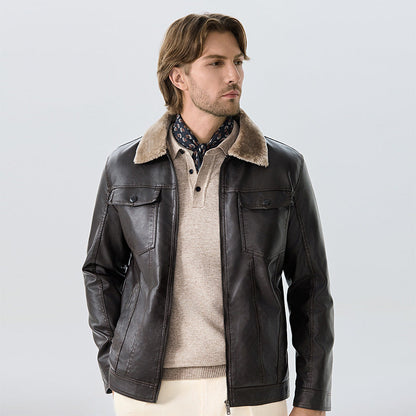 Herren Lederjacke Elegante Fleece Kragen Schwarz