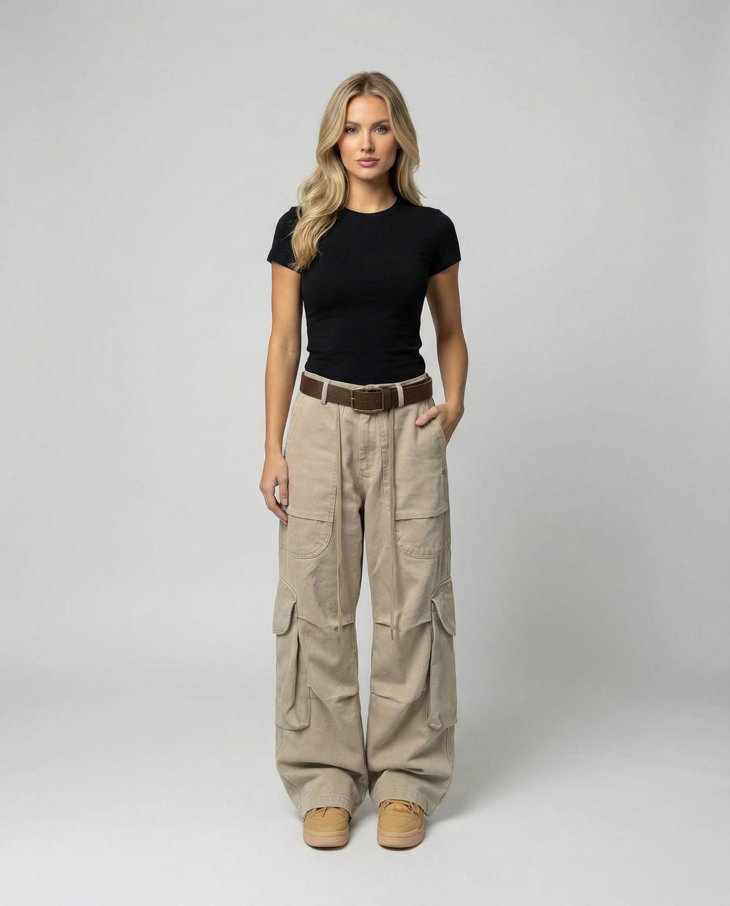 Damen Cargohose Lässig Palazzo Schnitt Große Taschen