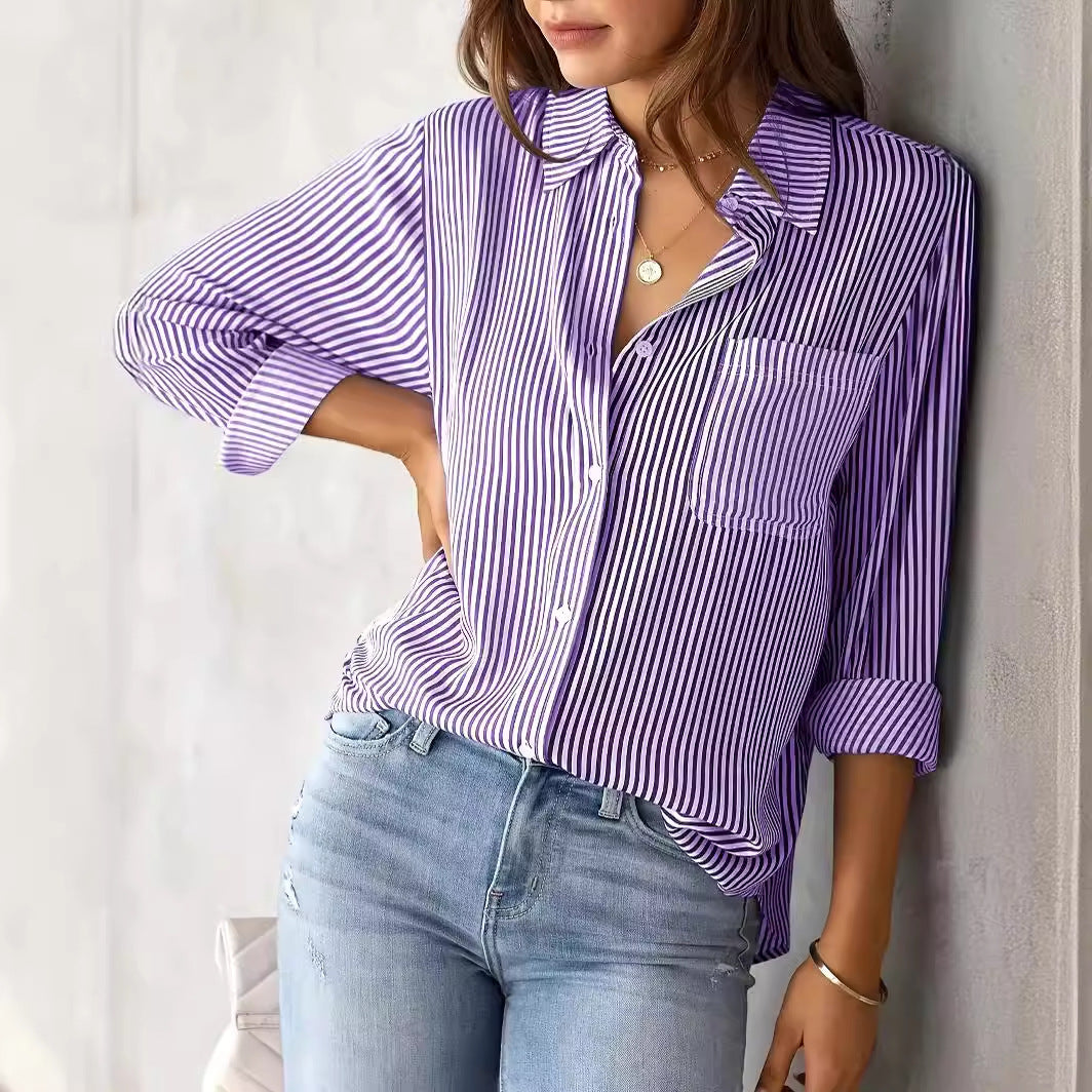 Damen Bluse Lässig Streifenoptik Mit Brusttasche