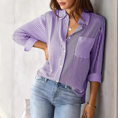 Damen Bluse Lässig Streifenoptik Mit Brusttasche