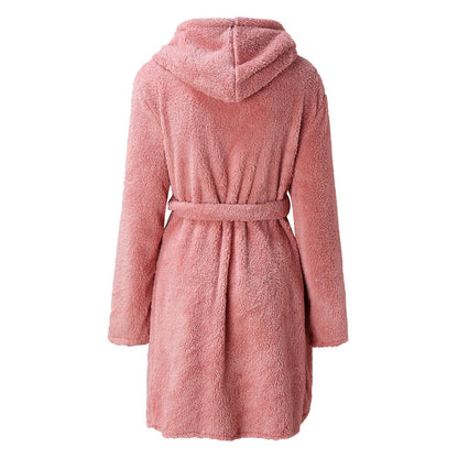 Weicher Damen Fleece Bademantel mit Kapuze und Gürtel