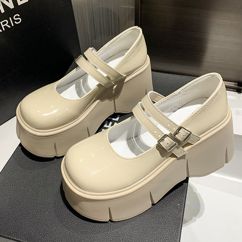 Damen Plattform Ballerinas Hoch mit Doppelriemen Glänzend