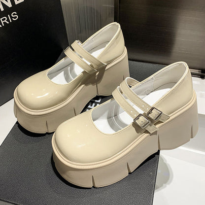 Damen Plattform Ballerinas Hoch mit Doppelriemen Glänzend