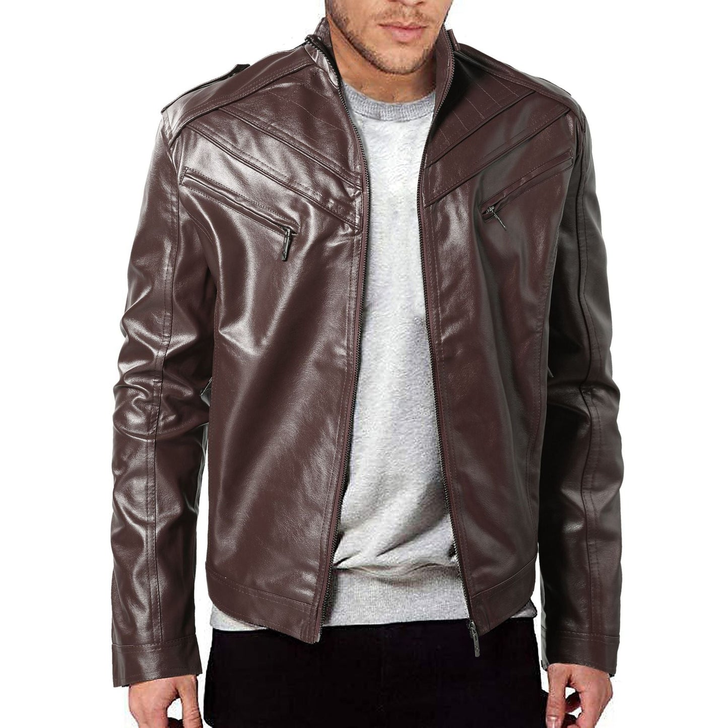 Herren Lederjacke Bikerstil Steppdetail Schwarz