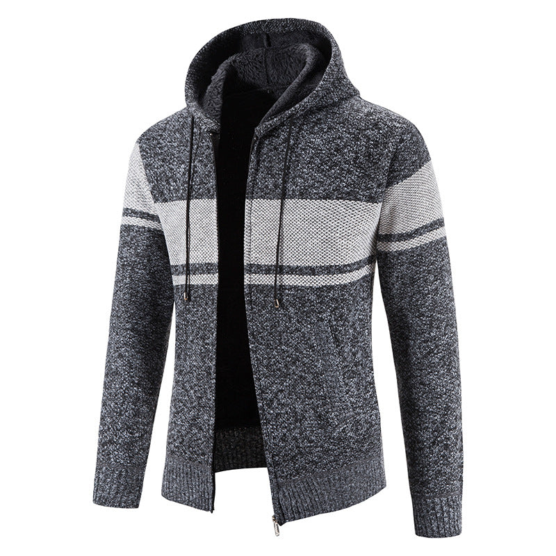 Herren Strickjacke Warm Fleece Kapuze Grau