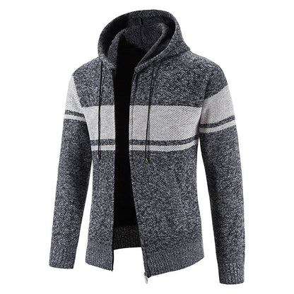 Herren Strickjacke Warm Fleece Kapuze Grau