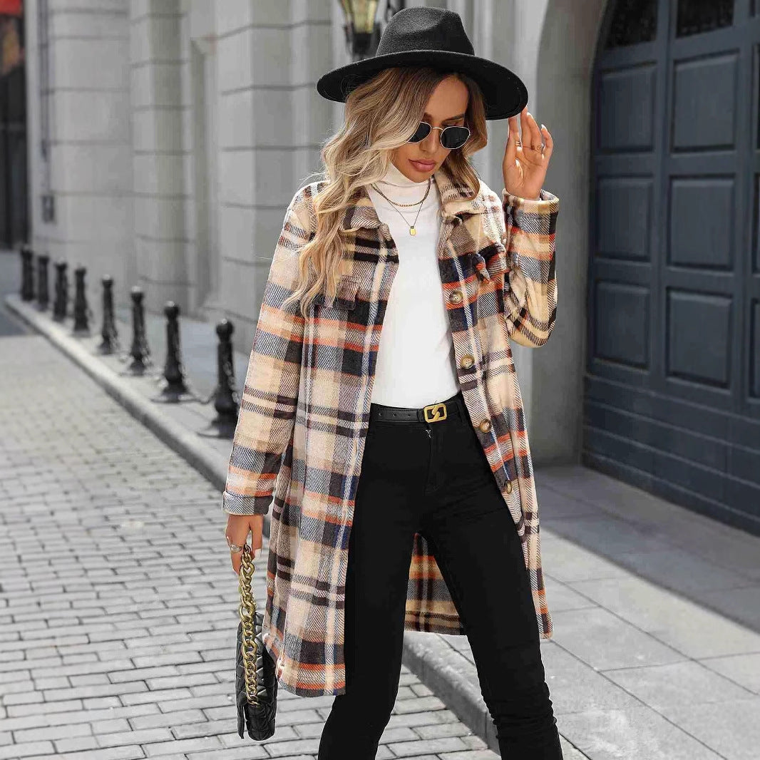 Damen Wintermantel Karierter Oversized mit Taschen und Knöpfen