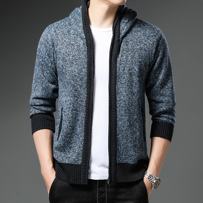 Herren Strickjacke Modern mit Kapuze Schwarz Weiß