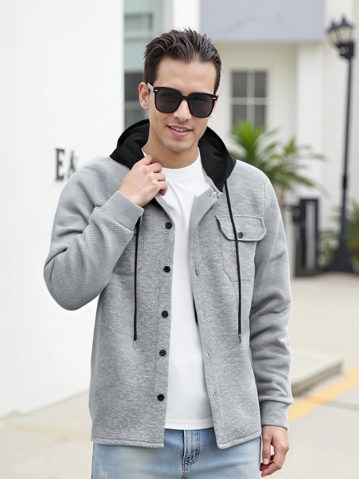 Herren Hybrid-Jacke Modern mit Abnehmbarer Kapuze und Taschen
