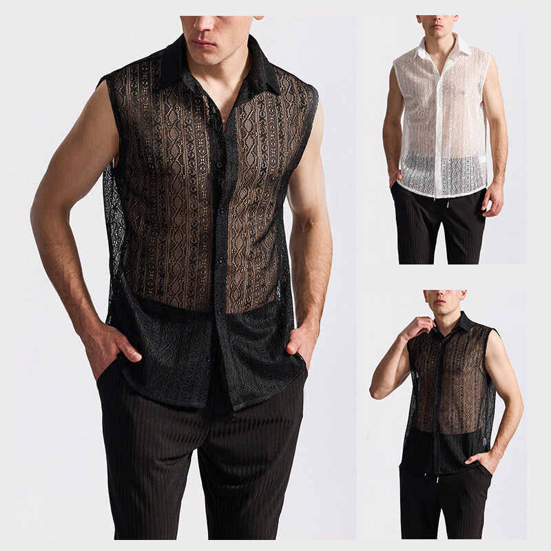 Herren Hemd Ärmellos Spitzenstruktur Elegant Modern