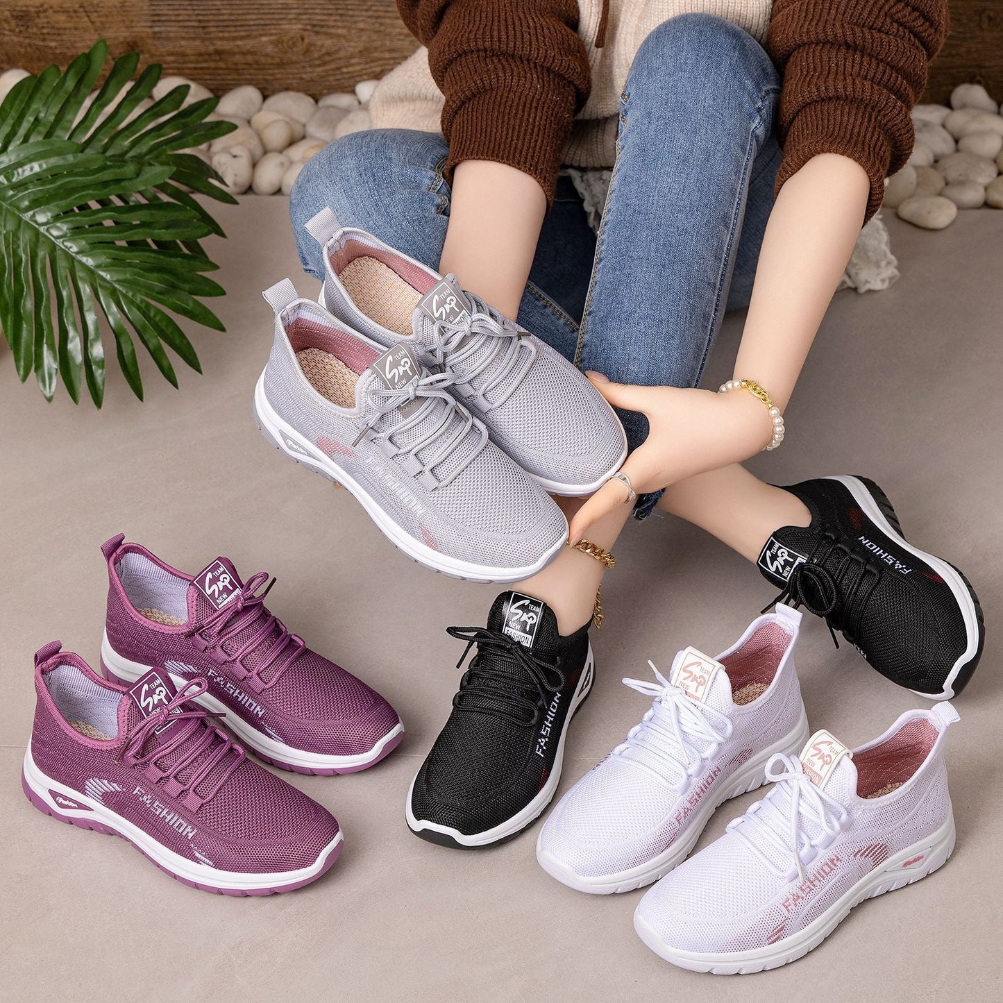 Damen Sneaker Sportlich Elastisch Bequem Laufsohle