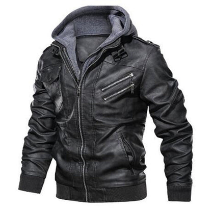 Lederjacke Herren Biker-Stil Modern Kapuze Abnehmbar