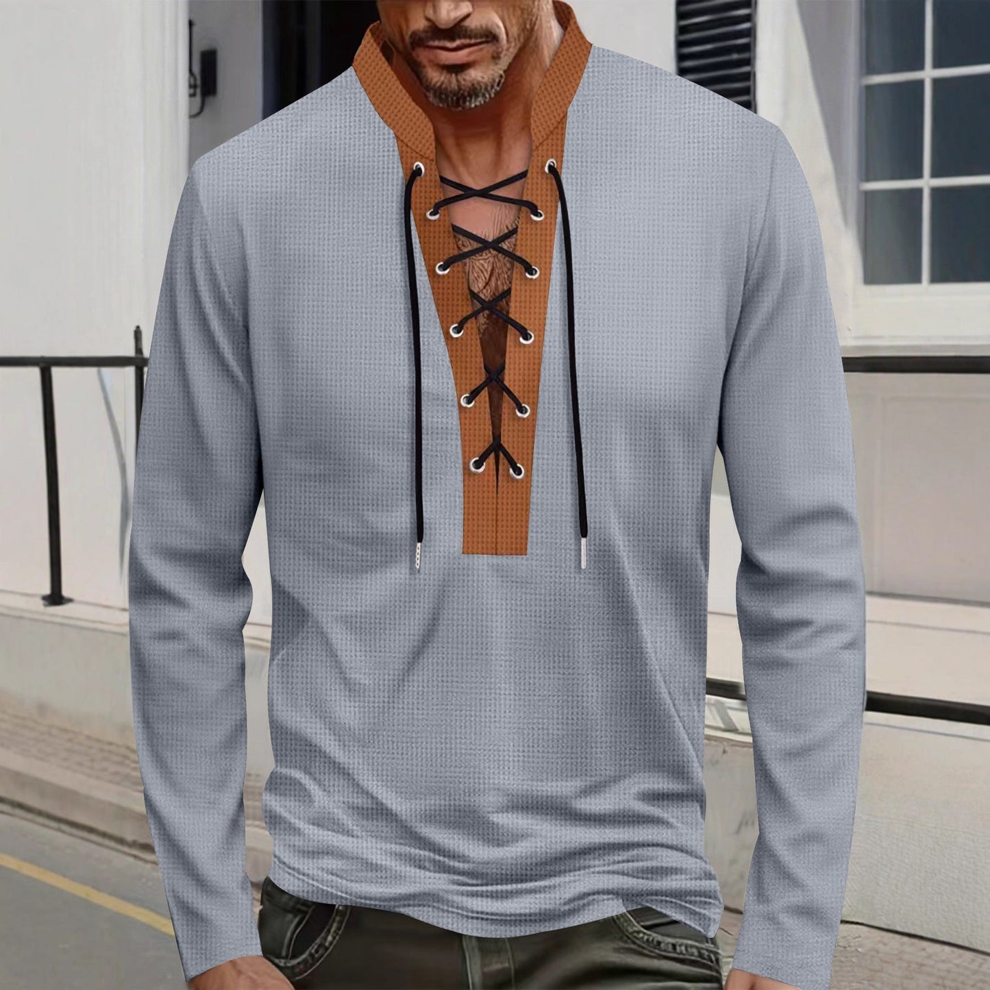 Herren Langarmshirt Modern Schnürdesign Kragen