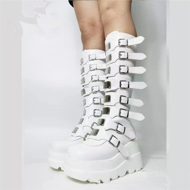 Damen Plattformstiefel Schnallen-Design Stabil Modisch