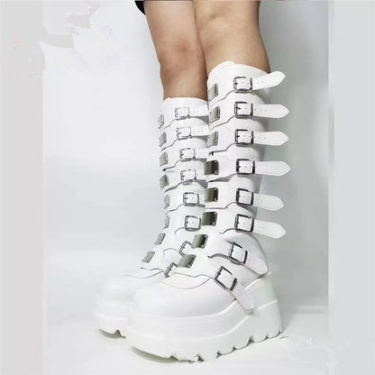 Damen Plattformstiefel Schnallen-Design Stabil Modisch