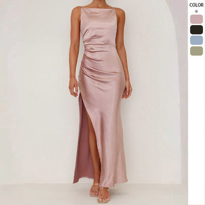 Damen Maxikleid Elegant Satin Hochgeschlitzt Abendkleid - BerlinGlamour
