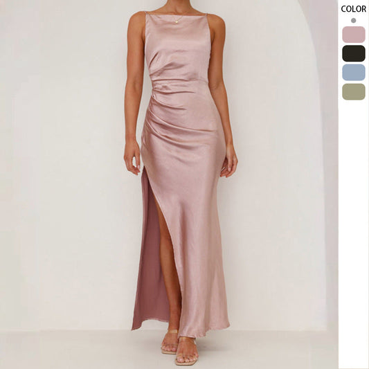 Damen Maxikleid Elegant Satin Hochgeschlitzt Abendkleid - BerlinGlamour