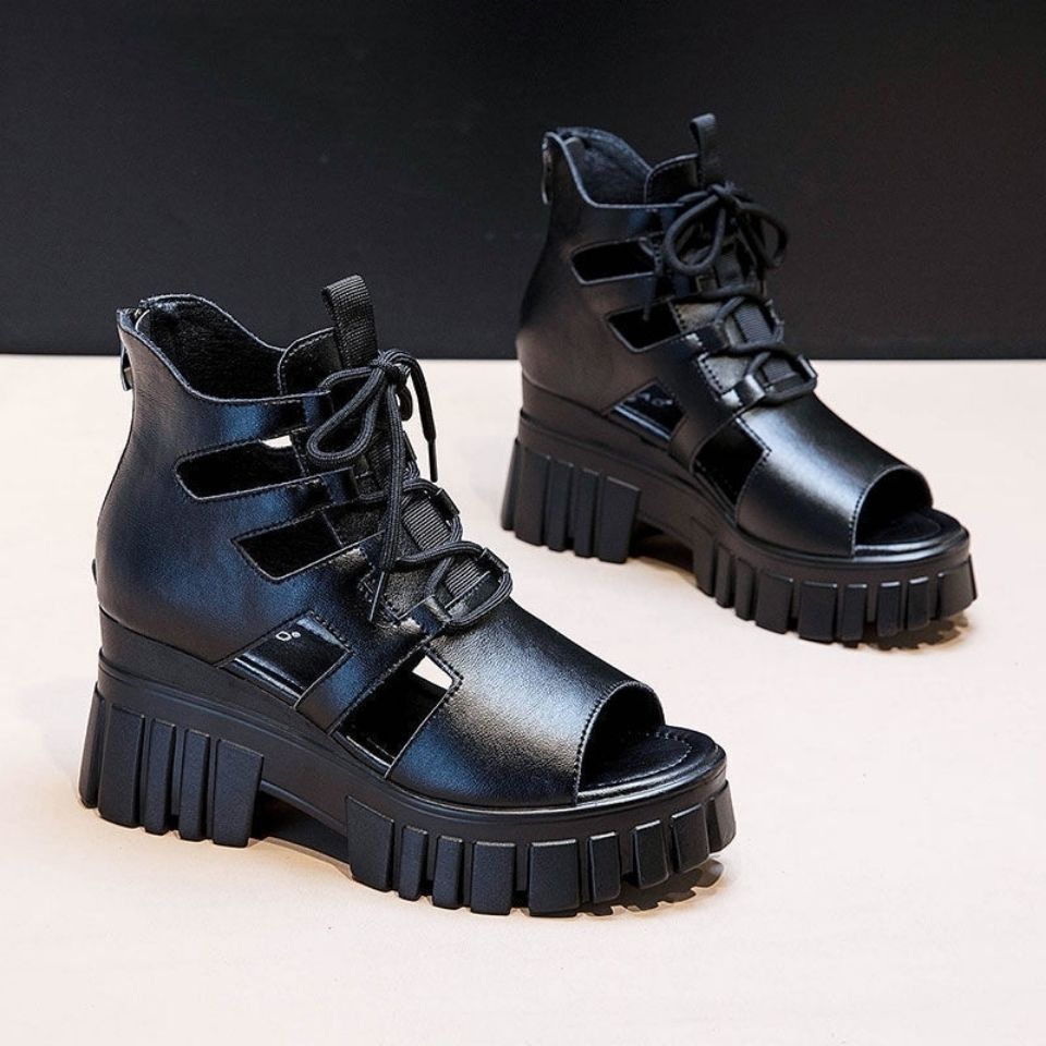 Damen Blockabsatz Sandalen Hochfrontig Schnürsenkel Robust