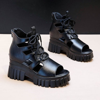 Damen Blockabsatz Sandalen Hochfrontig Schnürsenkel Robust