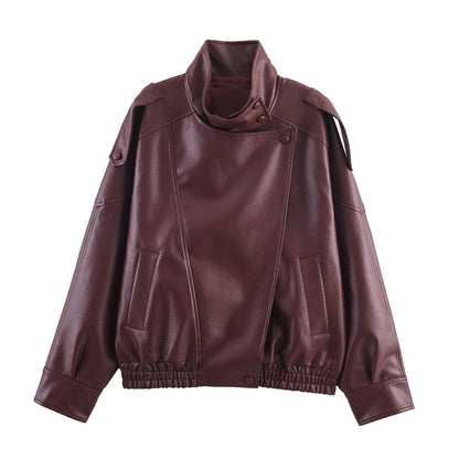 Lederjacke Damen Modern mit Kragen und Taschen Schwarz