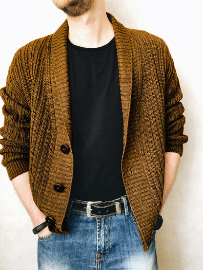 Herren Strickjacke Modern Schalkragen Knöpfe Schwarz