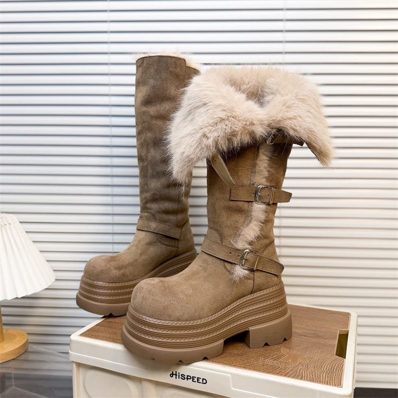Damen Winterstiefel Fleecegefüttert Plattform Sohle Schnalle Warm